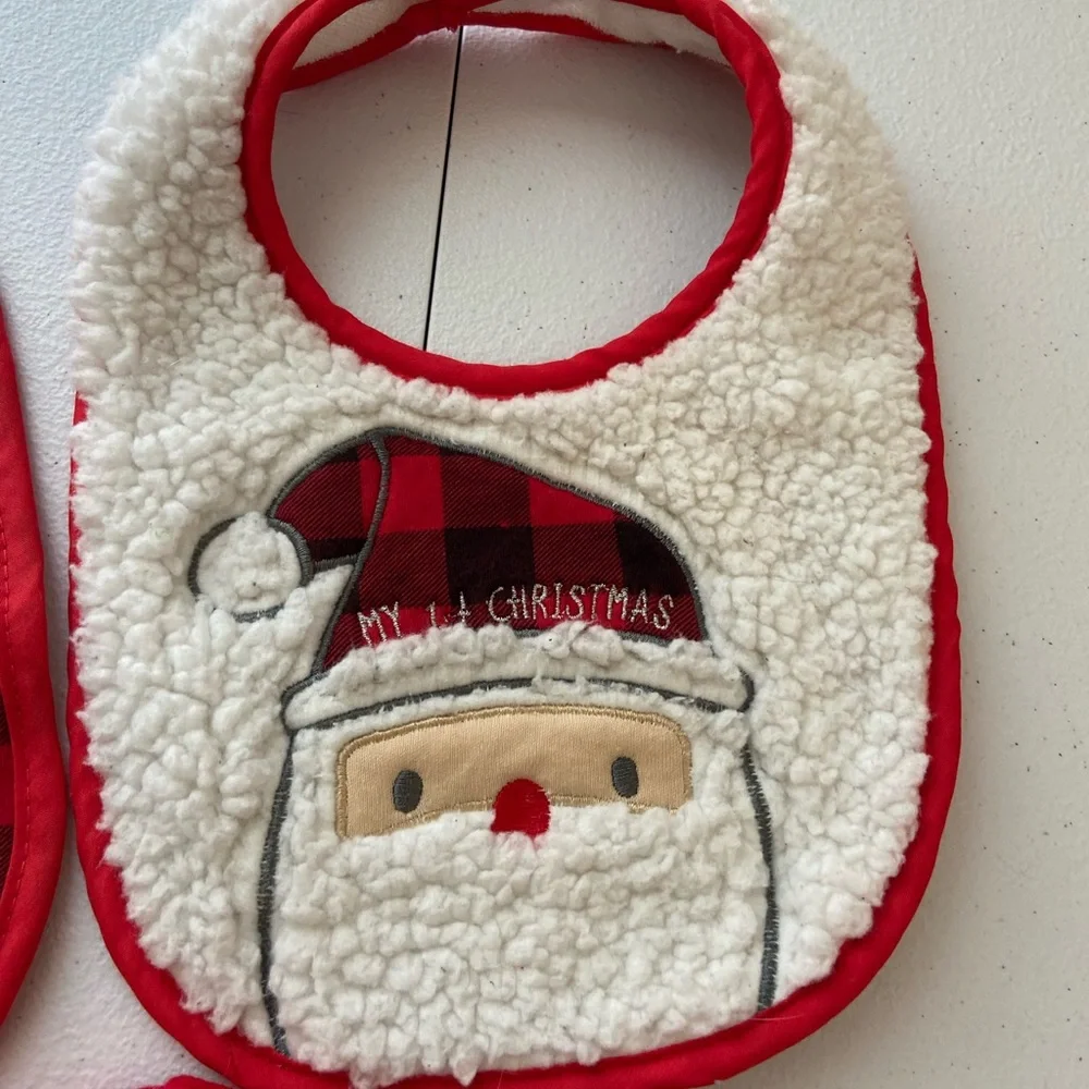 NWOT EUC Chick Pea baby first Christmas Santa plaid one size bibs hat bundle set